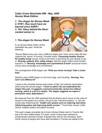 Cathy Crowe Newsletter #56 - May, 2009 Nurses Week Edition 1 ...
