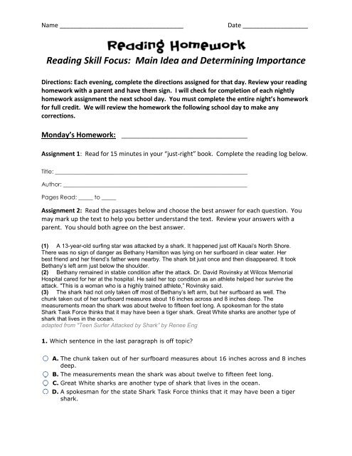 Reading Skill Focus: Main Idea and Determining Importance
