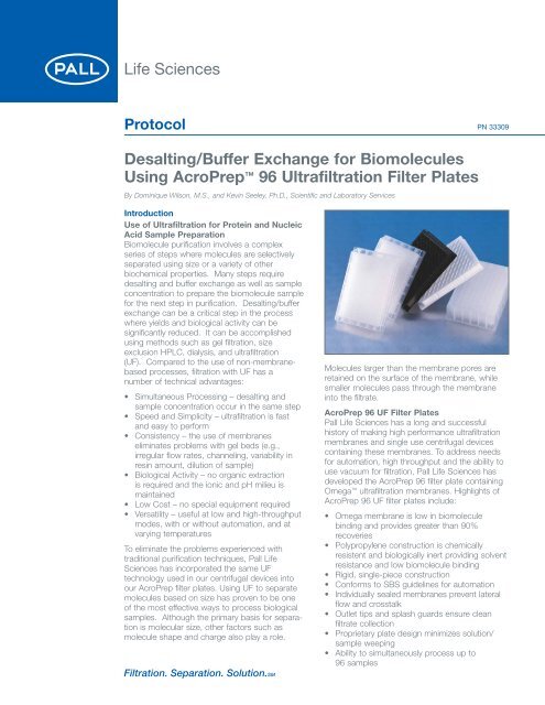 Desalting/Buffer Exchange for Biomolecules Using AcroPrep 96 ...