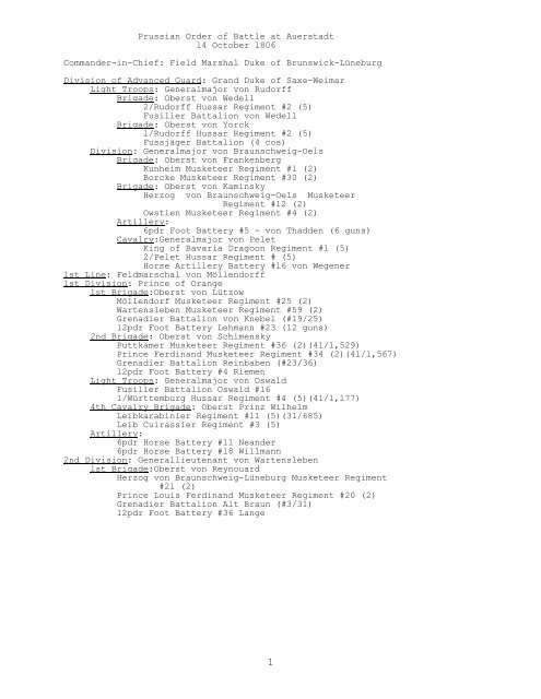 Prussian Order of Battle at Auerstaedt, 14 October 1806 - CGSC