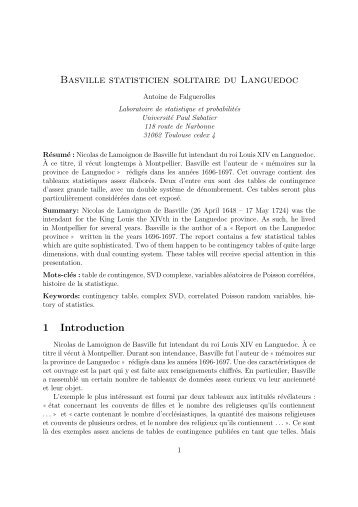 Basville statisticien solitaire du Languedoc 1 Introduction