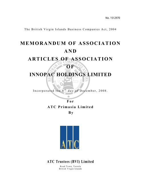 memorandum of association and articles of association of innopac ...