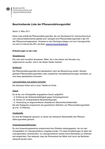 Beschreibende Liste der zugelassenen Pflanzenschutzmittel