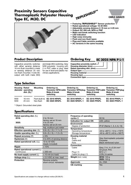 Proximity Sensors Capacitive Thermoplastic Polyester Housing ...