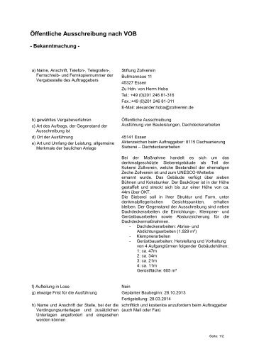 Öffentliche Ausschreibung nach VOB - Stiftung Zollverein