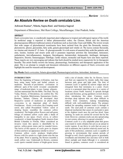 An Absolute Review on Oxalis corniculata Linn. - International ...