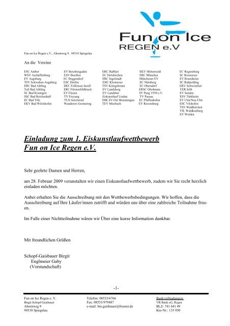 Einladung zum 1. Eiskunstlaufwettbewerb Fun on Ice  Regen e.V.