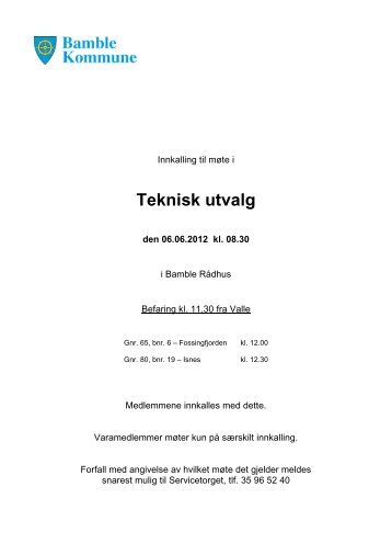 Innkalling og sakskart - teknisk utvalg den 6.6 ... - Bamble kommune