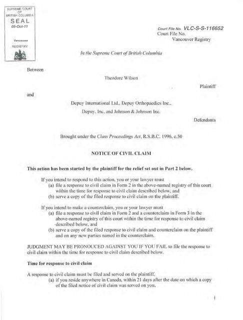 Notice of Civil Claim - Klein Lyons