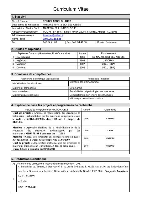 Curriculum Vitae - Université de Sidi-Bel-Abbes