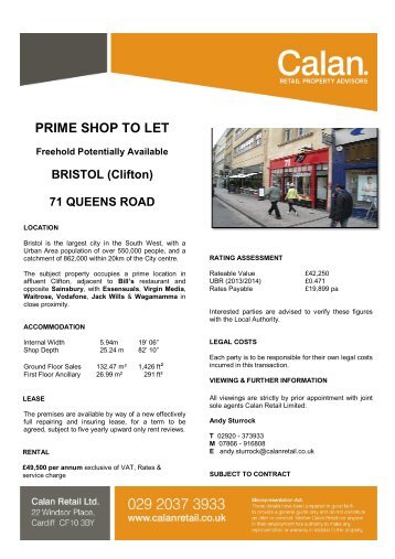 Bristol - 71 Queens Road - Calan - Retail Property Advisors