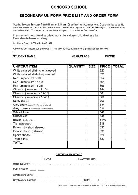 CONCORD SCHOOL UNIFORM PRICE LIST AND ORDER FORM