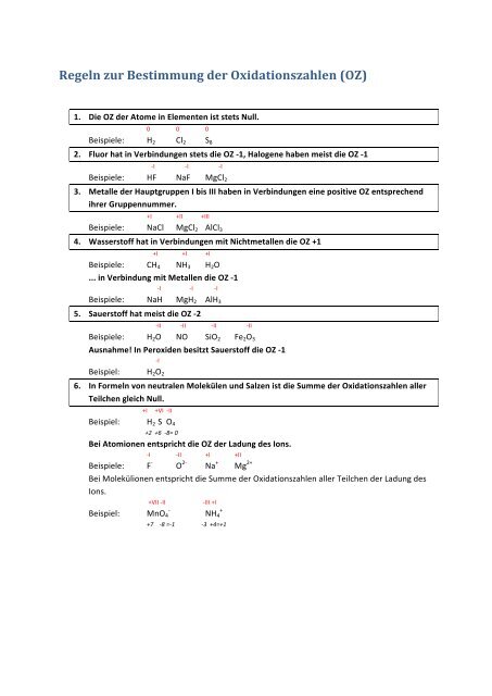 Regeln zur Bestimmung der Oxidationszahlen (OZ) - GYP-Chemie