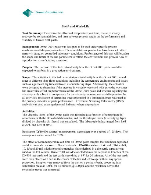 Ormet Process Ormet shelf and work life - Ormet Circuits, Inc.