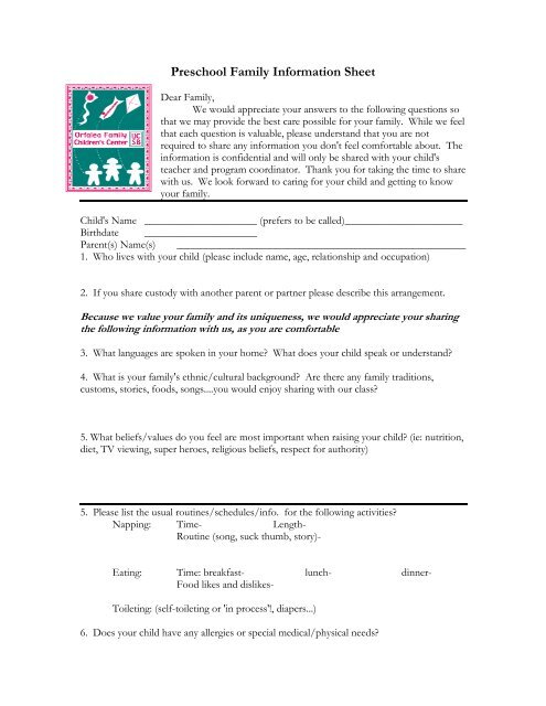 Preschool Family Information Sheet - Children's Center Home