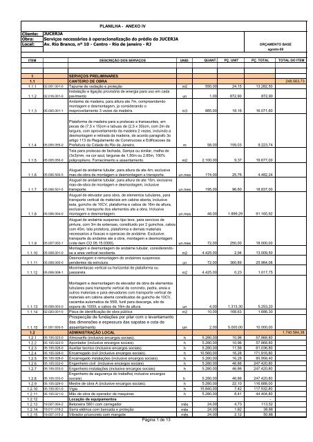 PLANILHA - ANEXO IV Cliente: JUCERJA Obra: ServiÃ§os ...