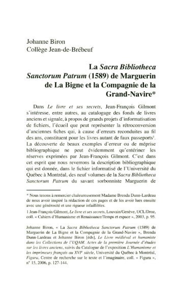 La Sacra Bibliotheca Sanctorum Patrum (1589) - imaginaire - UQAM