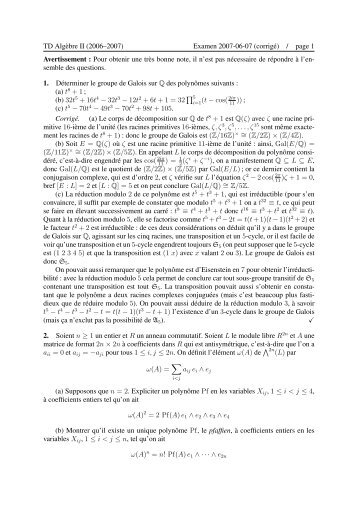 TD Algèbre II (2006–2007) Examen 2007-06-07 (corrigé) / page 1 ...