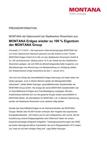 MONTANA Erdgas wieder zu 100 % Eigentum der MONTANA Group