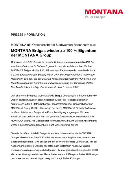 MONTANA Erdgas wieder zu 100 % Eigentum der MONTANA Group