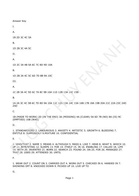 Answer Key I. A. 1B 2D 3C 4C 5A B. 1D 2B 3C 4A 5C II. A. 1D 2C 3A ...