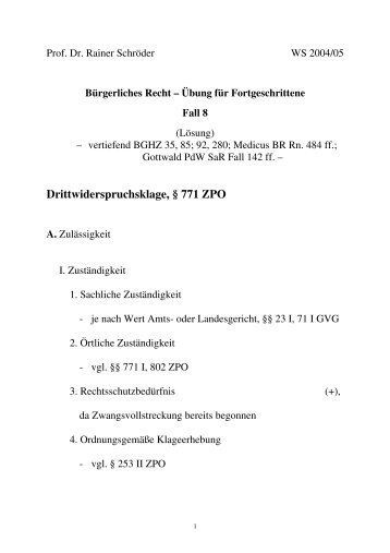 Drittwiderspruchsklage, § 771 ZPO - Prof. Dr. Rainer Schröder