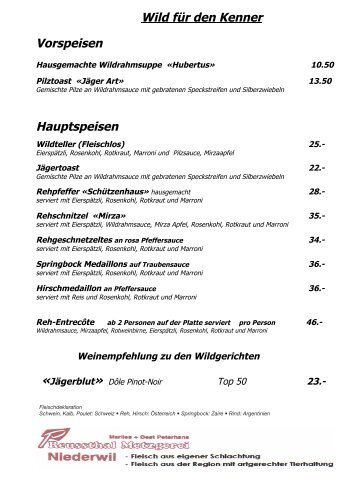 Wild-Menus - Restaurant CafÃ© Bijou Bremgarten an der Reuss