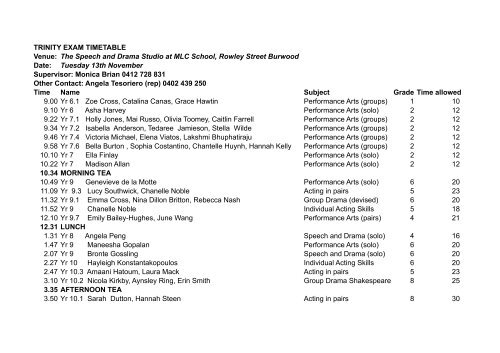 TRINITY EXAM TIMETABLE Venue: The Speech and ... - MLC School