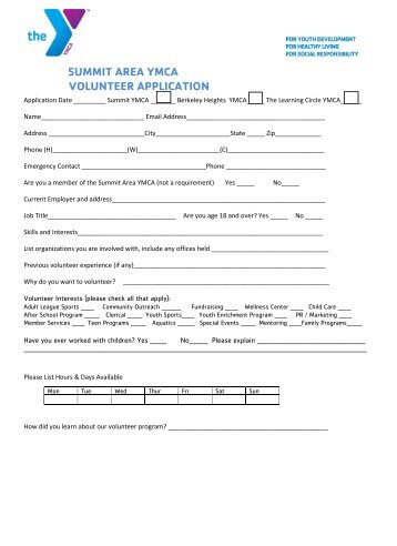 SUMMIT AREA YMCA VOLUNTEER APPLICATION - The Summit ...