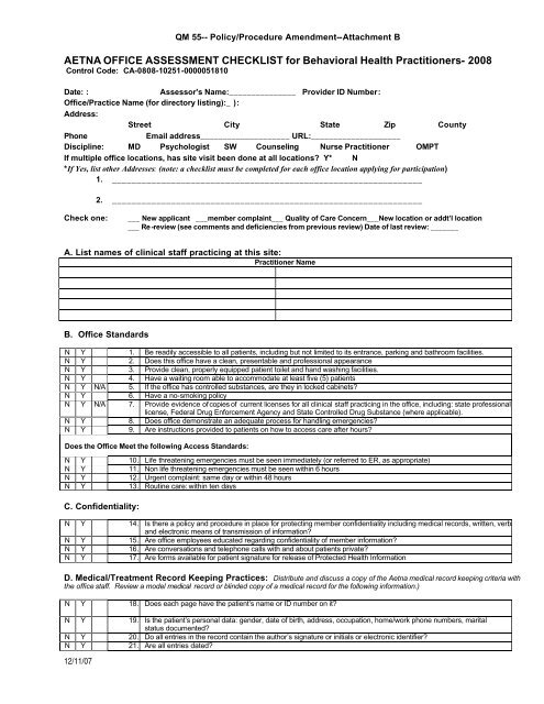 Aetna Office Assessment Checklist Tool (PSR)