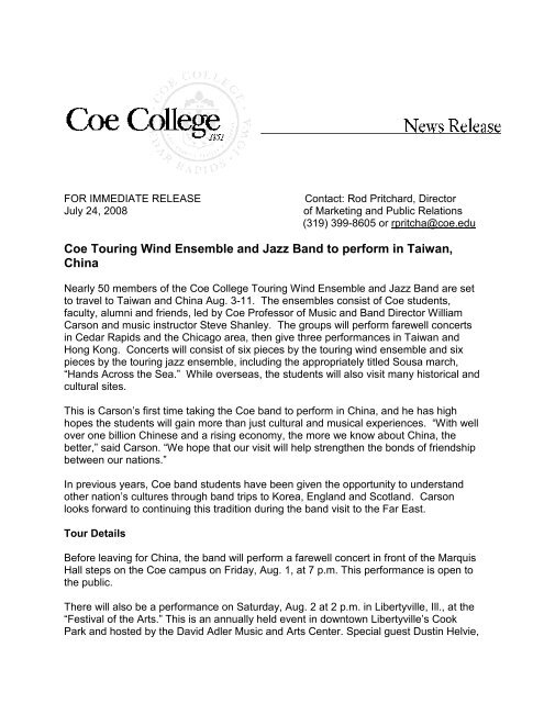 Tour Press Release - Libertyville - Public.coe.edu - Coe College