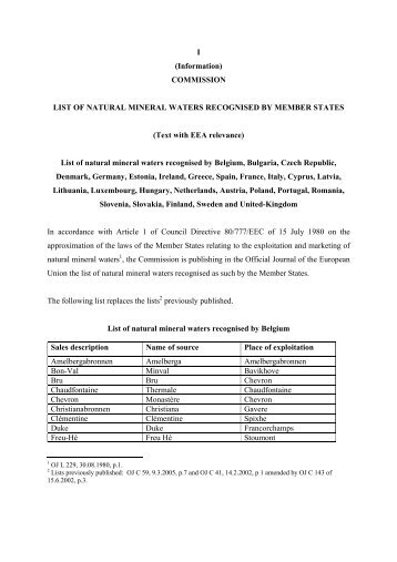 I (Information) COMMISSION LIST OF NATURAL MINERAL ...