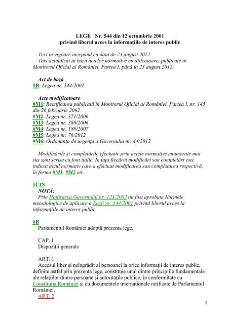 LEGE Nr. 544 din 12 octombrie 2001 privind liberul acces la ...