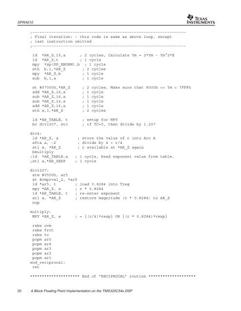 A Block Floating Point Implementation on the TMS320C54x DSP