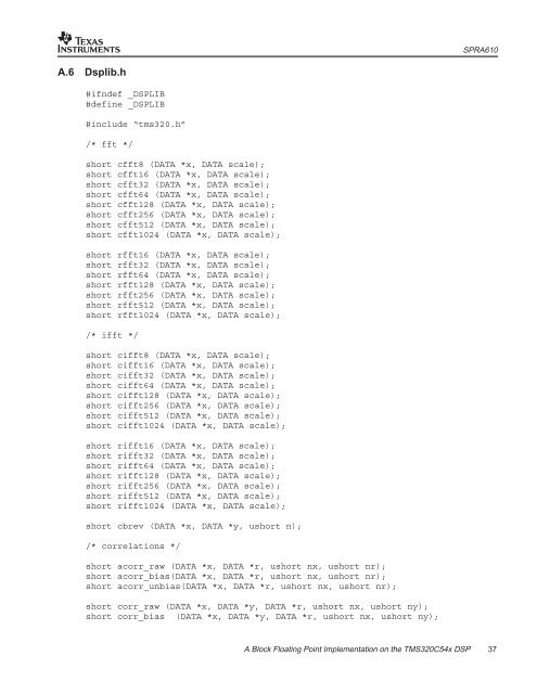 A Block Floating Point Implementation on the TMS320C54x DSP