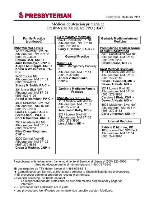 Presbyterian MediCare PPO Directorio de proveedores 2013