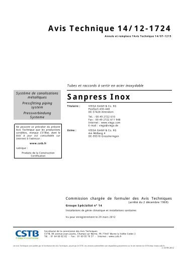 Avis Technique 14/12-1724 Sanpress Inox - Viega