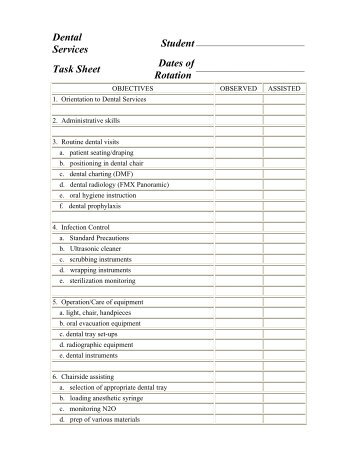 Dental Services Task Sheet Dates of Rotation