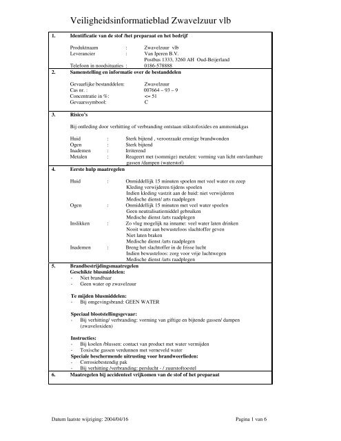 Veiligheidsinformatieblad Zwavelzuur vlb - BiogaS