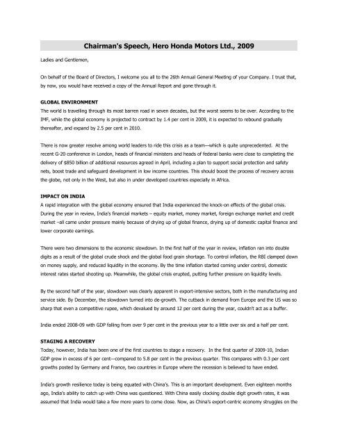 Chairmanu0027s Speech, Hero Honda Motors Ltd., 2009 - Hero MotoCorp