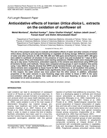 Antioxidative effects of Iranian Urtica dioica L ... - Academic Journals