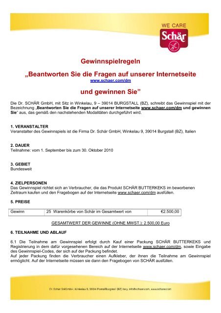 Gewinnspielregeln „Beantworten Sie die Fragen auf unserer - Schar