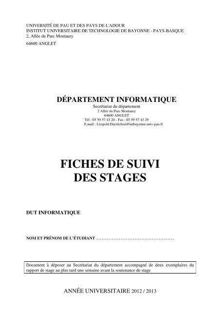 Guide et fiches de suivi des stages 2012-2013 - IUT Bayonne