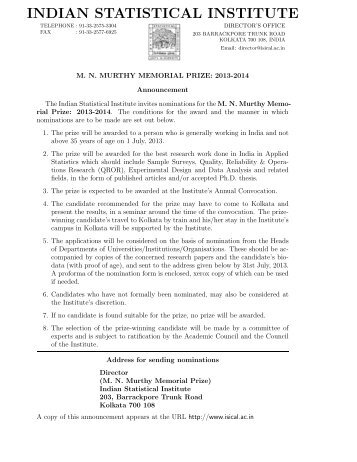 M. N. Murthy Memorial Prize - Indian Statistical Institute