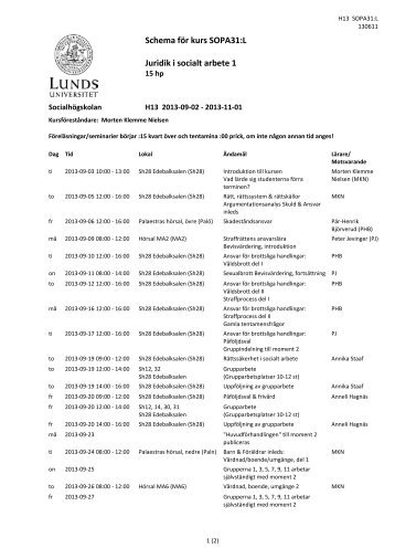 Schema fÃ¶r kurs SOPA31:L Juridik i socialt arbete 1