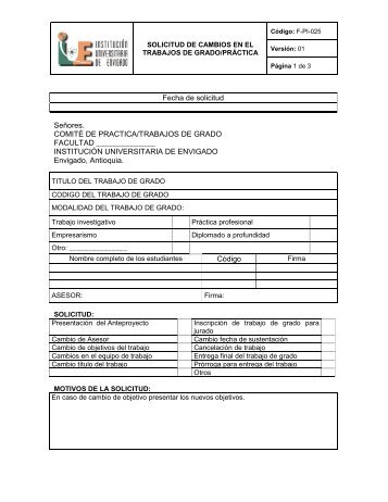 F-PI-25 Solicitud de cambio en el - InstituciÃ³n Universitaria de ...