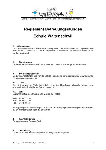 Reglement Betreuungsstunden Schule Waltenschwil