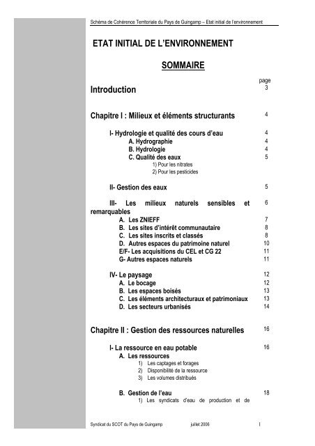 ETAT INITIAL DE L'ENVIRONNEMENT SOMMAIRE Introduction