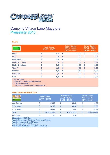 Camping Village Lago Maggiore Preiseliste 2010