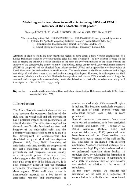 Modelling wall shear stress in small arteries using LBM and FVM - Cnr